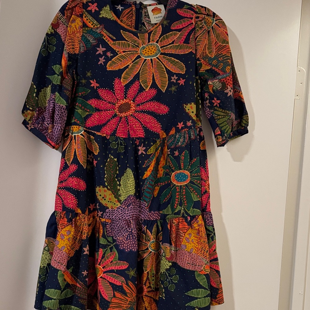 FARM Rio Navy Floral Tiered Dress with Pink, Orange & Green Blooms